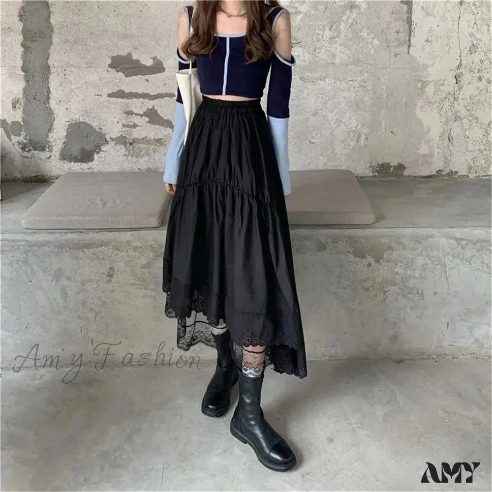 Amy Fashion - Black Gothic Lace Stitching Irregular Pleated Skirt