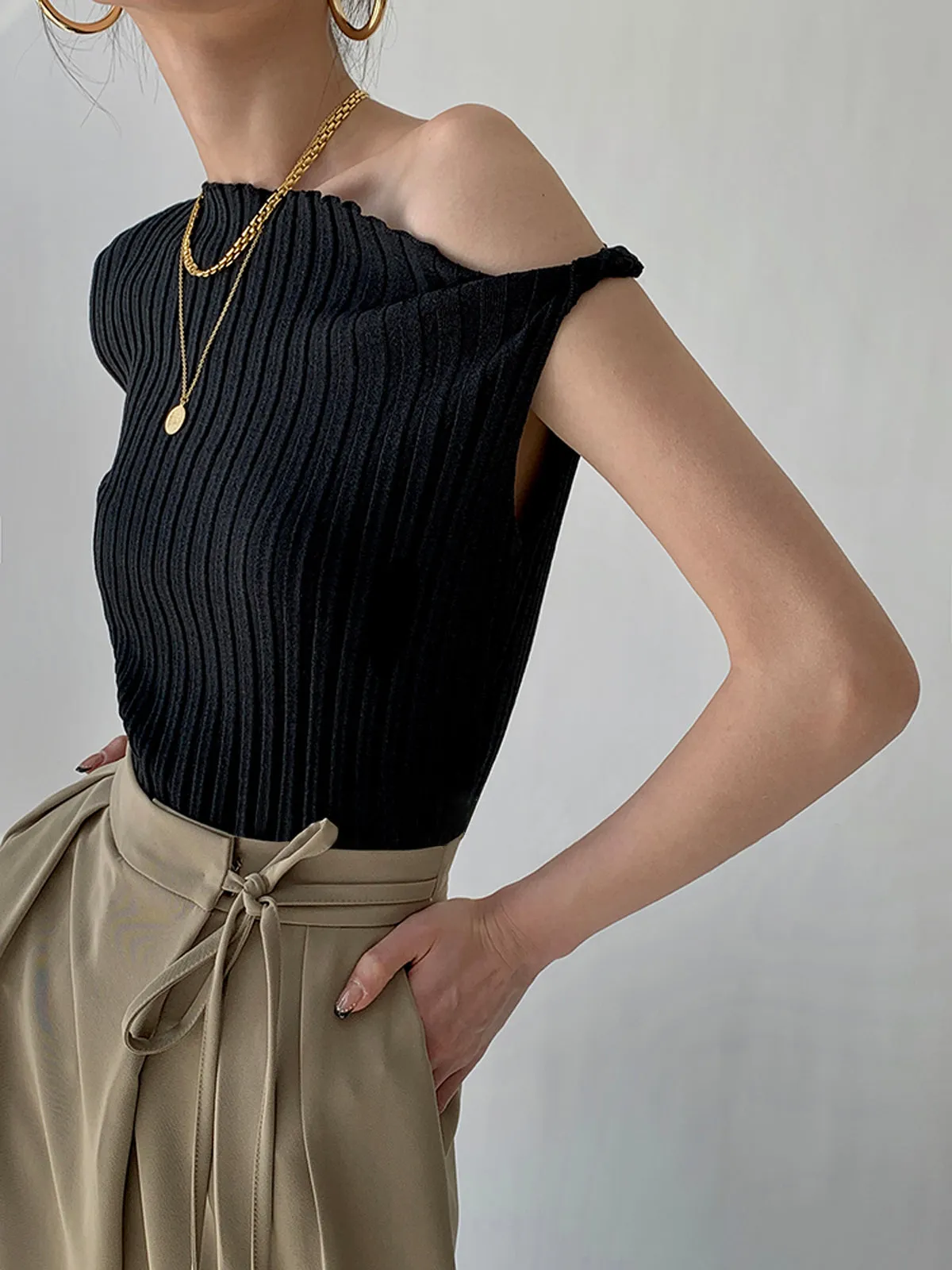 Asymmetrical Neck One Trendy Shoulder Off Knit Top