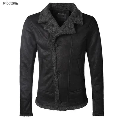 Autumn vintage old leather jacket men wool lining warm fur collar jacket