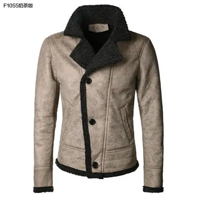 Autumn vintage old leather jacket men wool lining warm fur collar jacket