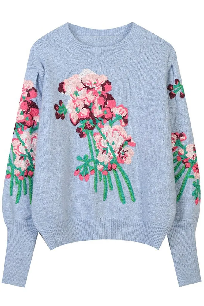 Ayla Light Blue Sweater with Flowers