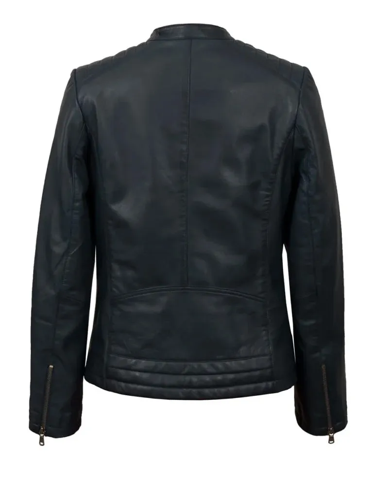 Biker Short Rounded Black Leather Jacket