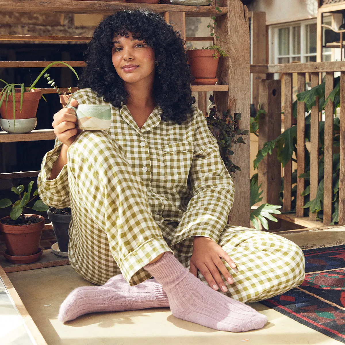 Botanical Green Gingham Linen Pyjama Trousers