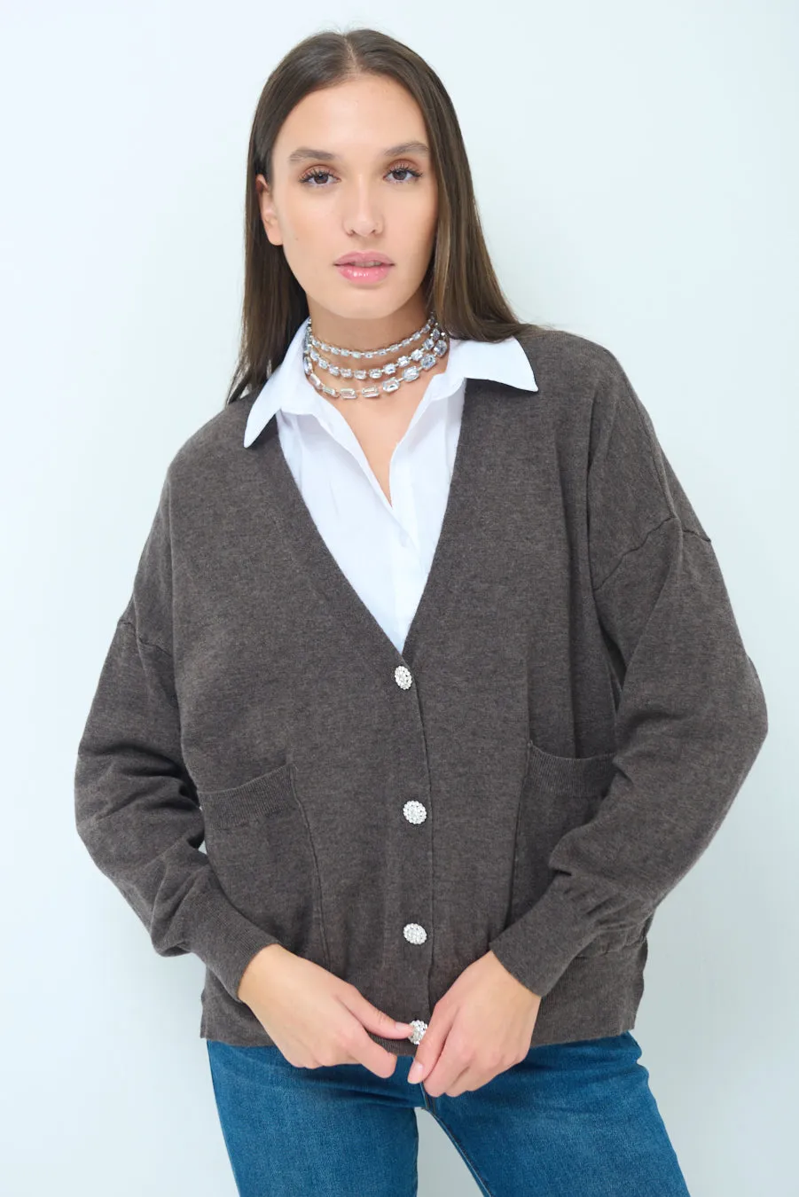 Button-front knit cardigan with embellished buttons wholesale