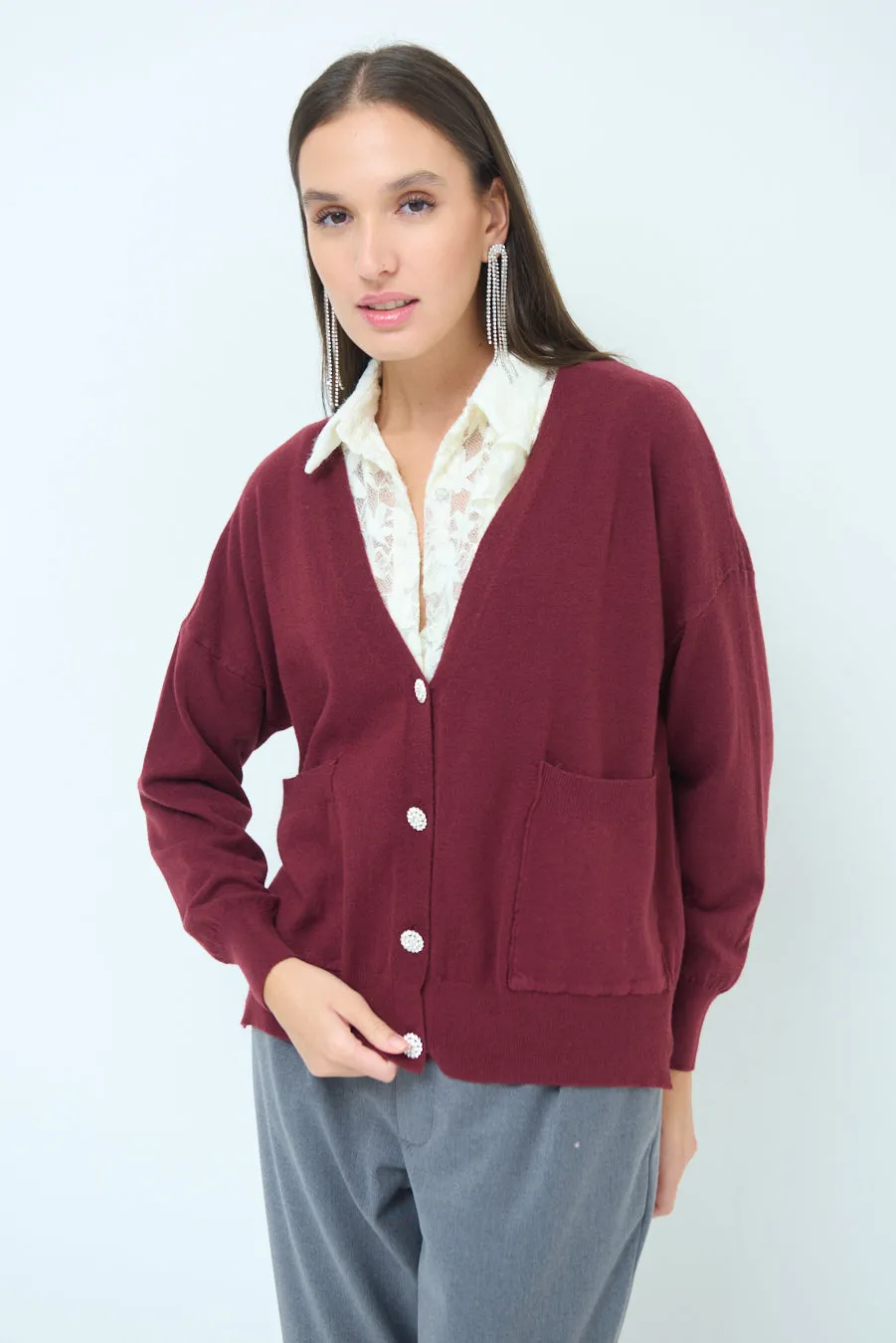 Button-front knit cardigan with embellished buttons wholesale