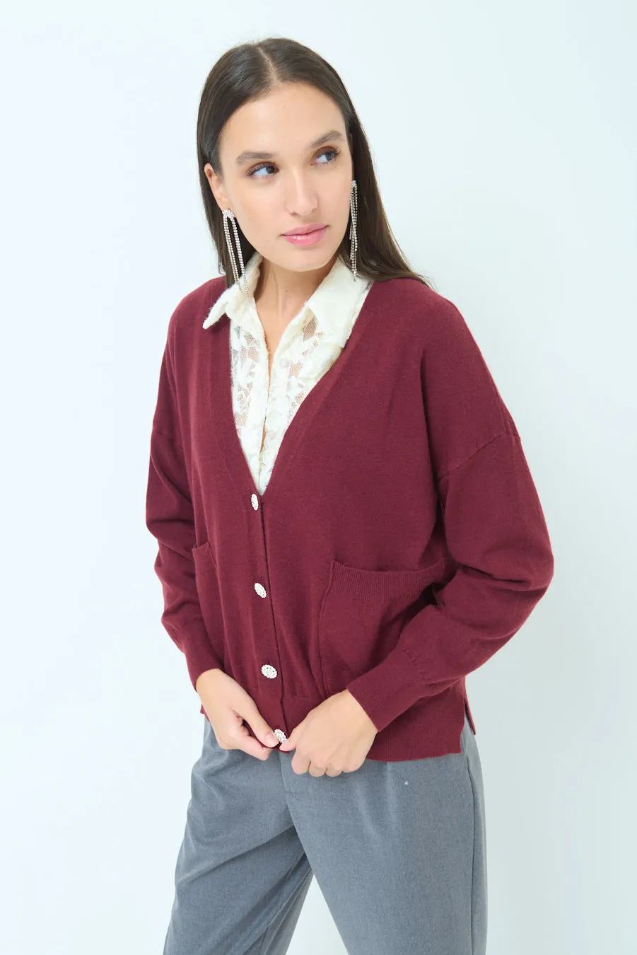 Button-front knit cardigan with embellished buttons wholesale