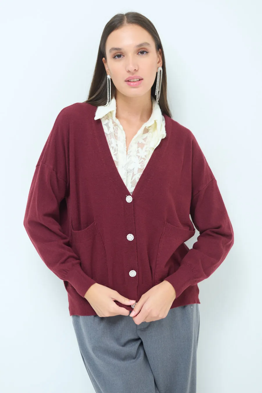 Button-front knit cardigan with embellished buttons wholesale