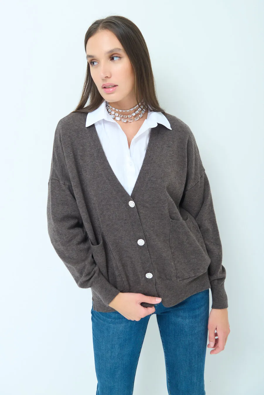 Button-front knit cardigan with embellished buttons wholesale