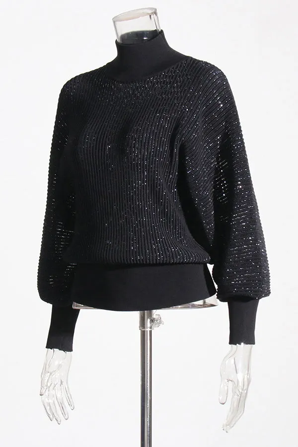 Chic High Neck Glitter Pleated Sweater