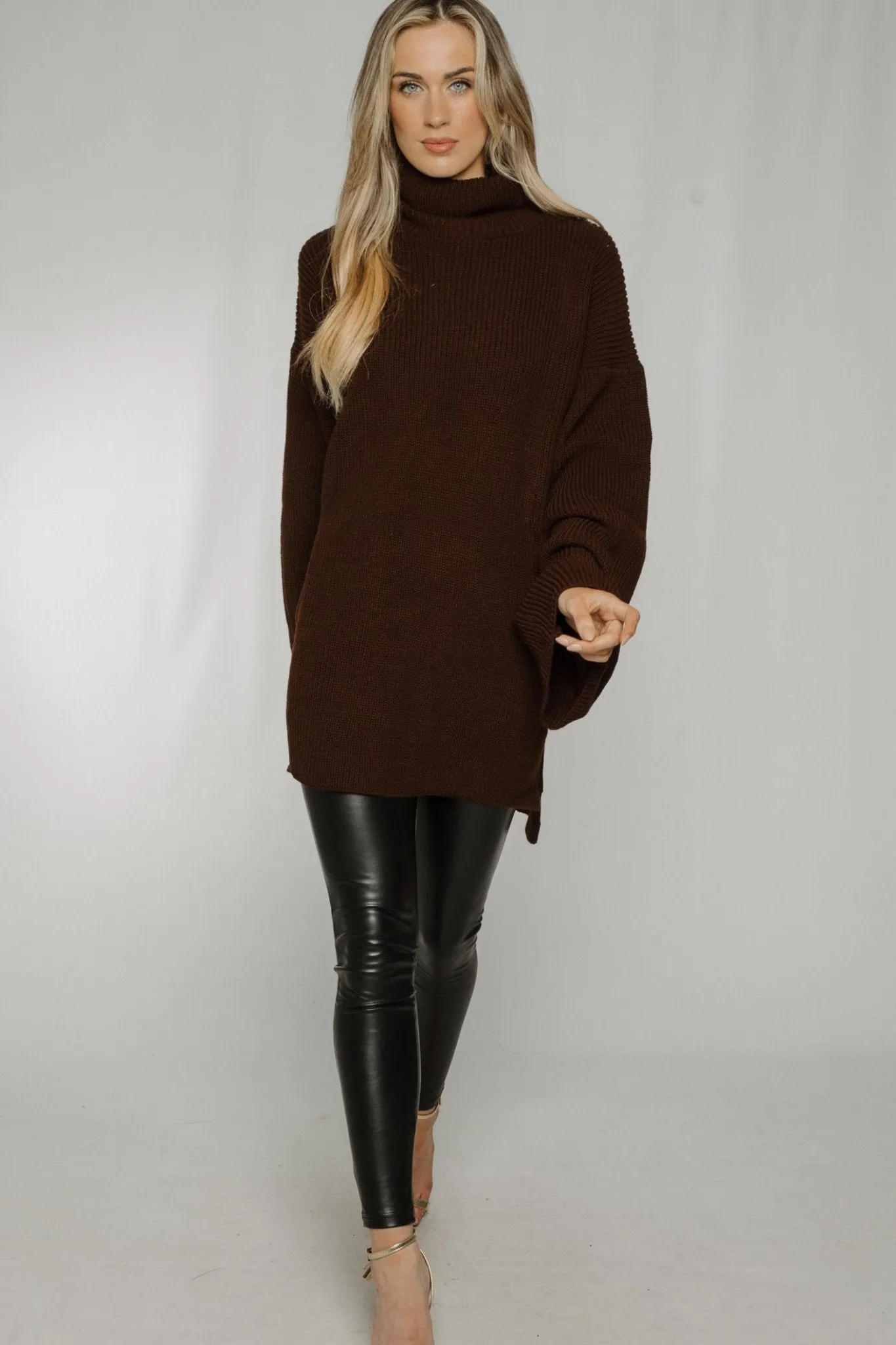 Ella Longline Polo Neck Jumper In Chocolate