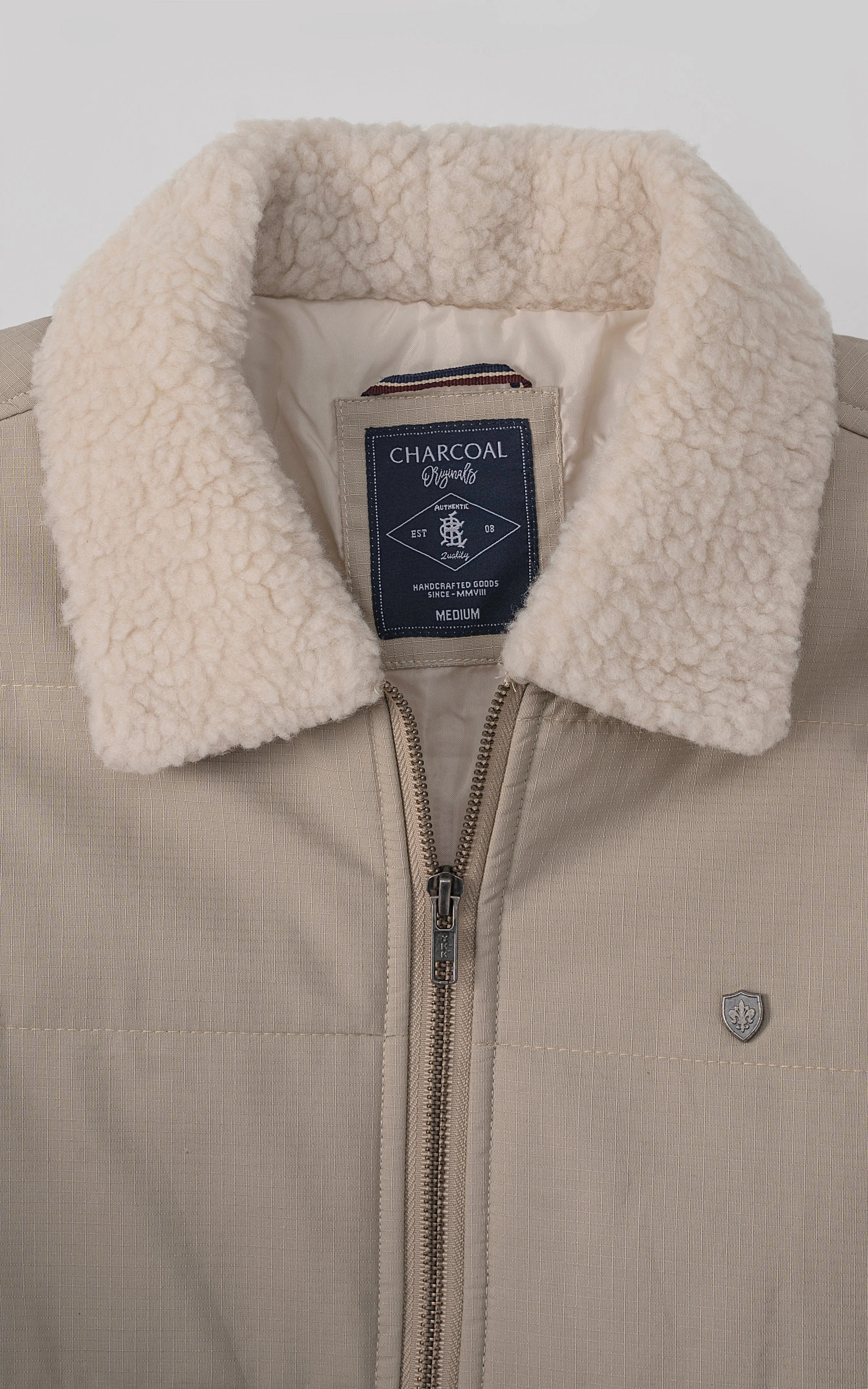 FAUX COLLAR F/S QUILTED JACKET LIGHT KHAKI