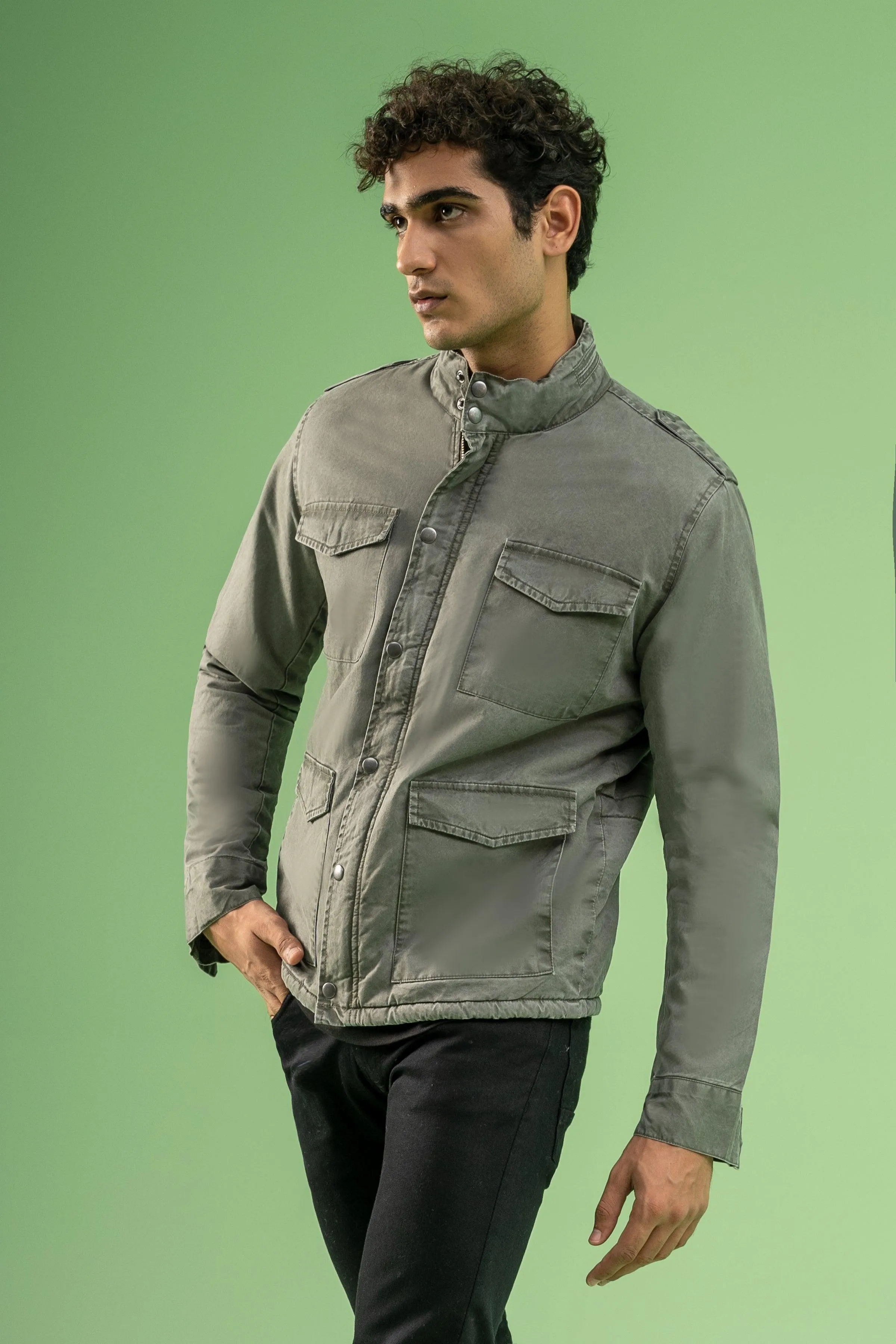 FULL SLEEVE ENZYME WASHED FIELD JACKET OLIVE