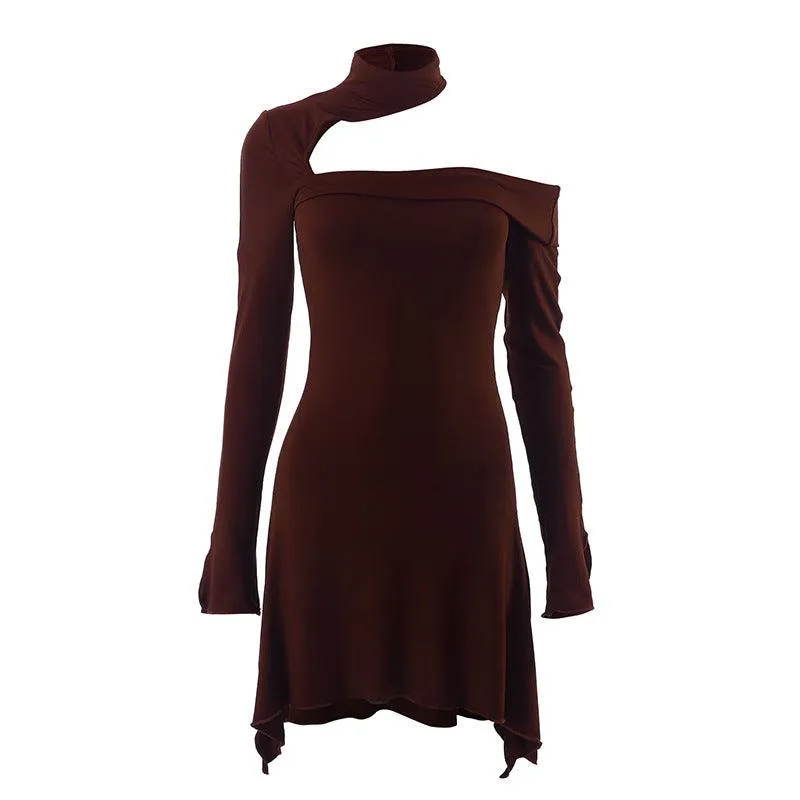 Hollow neck wood ear edge slim dress