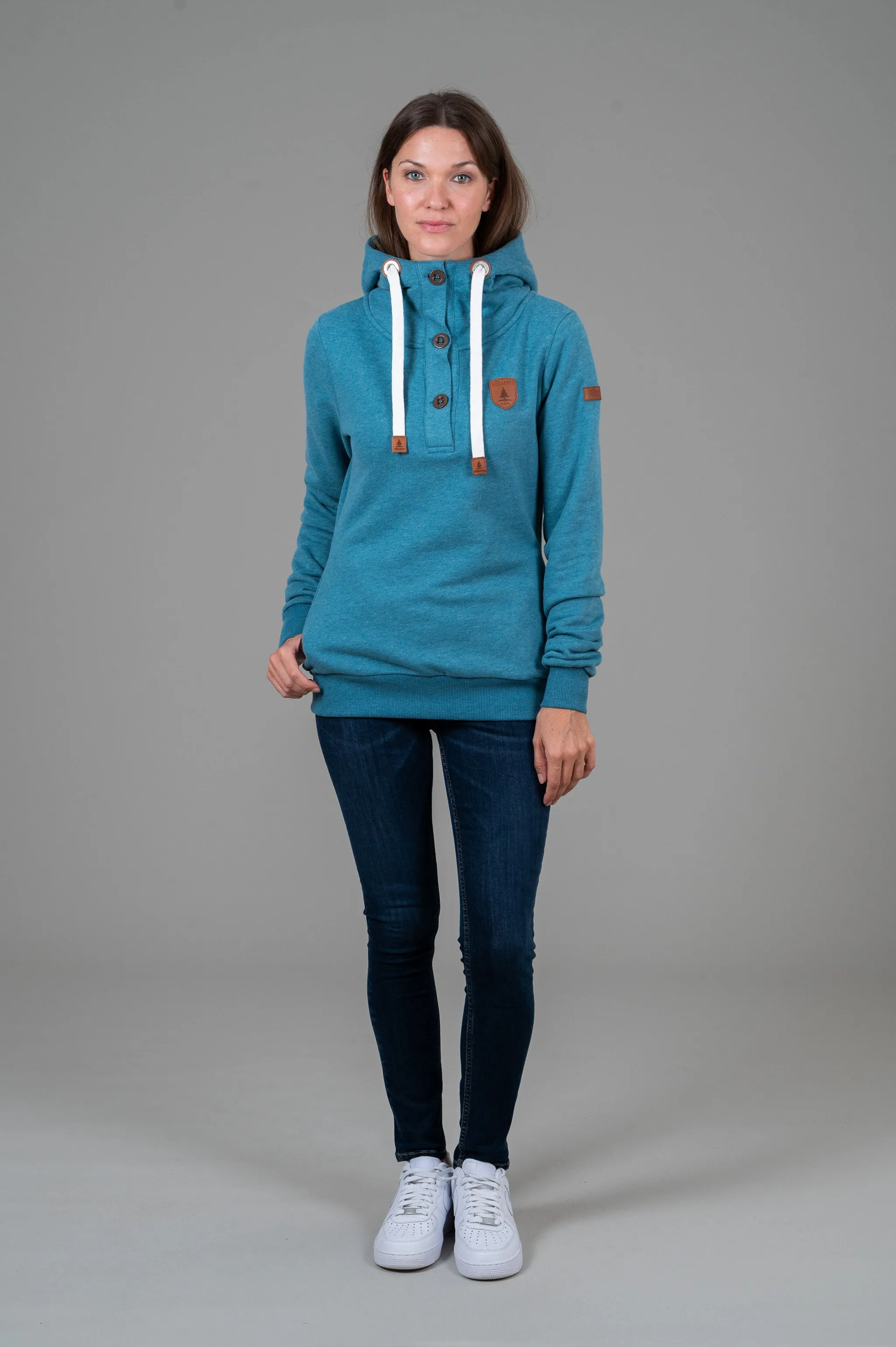 Jas Peacock Blue Button Neck Hoodie