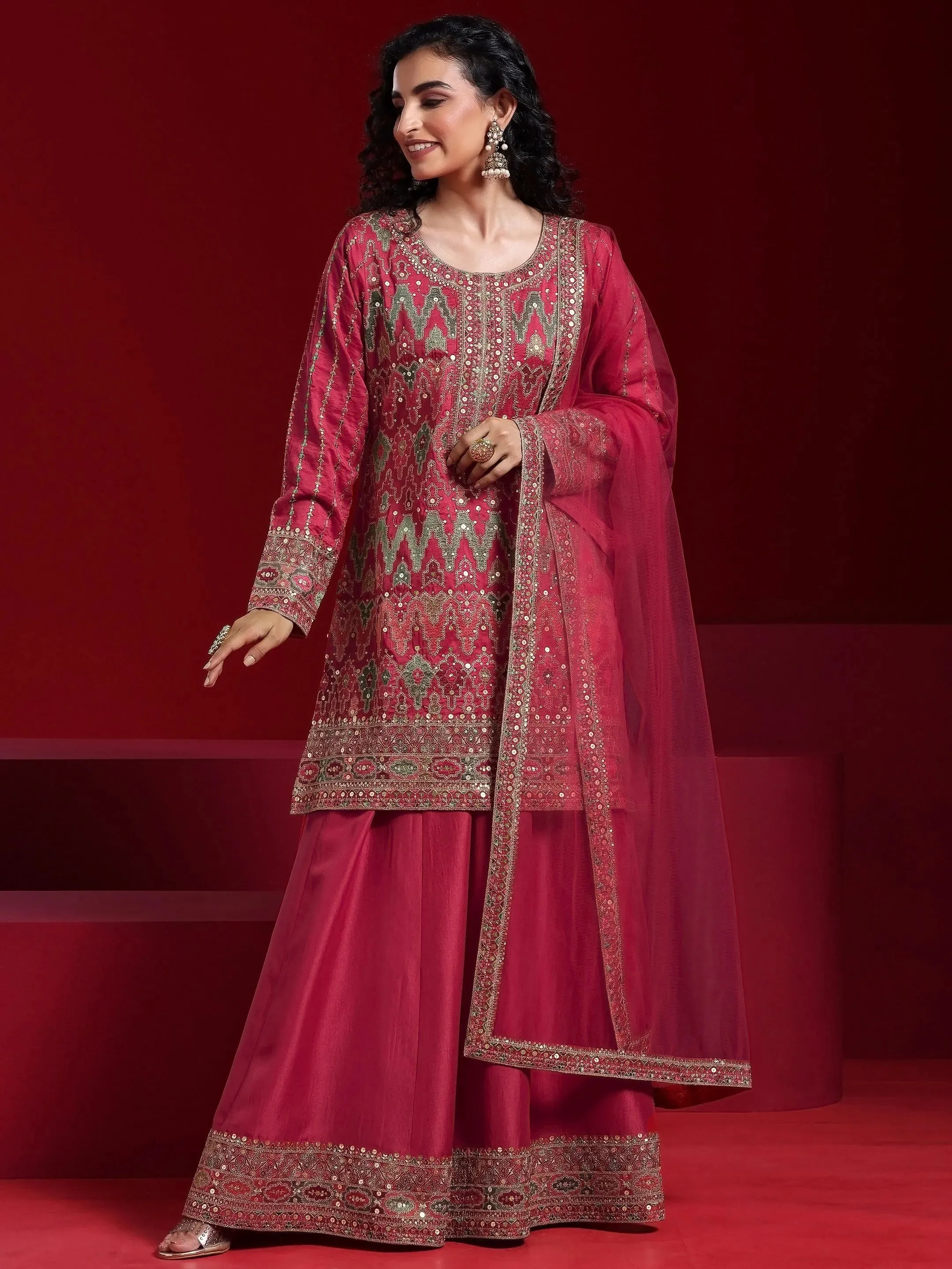 Jashvi Art Coral Embroidered Silk Blend Straight Suit With Dupatta