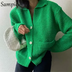 Joskaa Christmas Gift Sampci Cardigans Women Knitted Y2K Winter Tops Long Sleeve Loose Green Single Breasted Sweater Cardigans Chic Fashion Knitwear