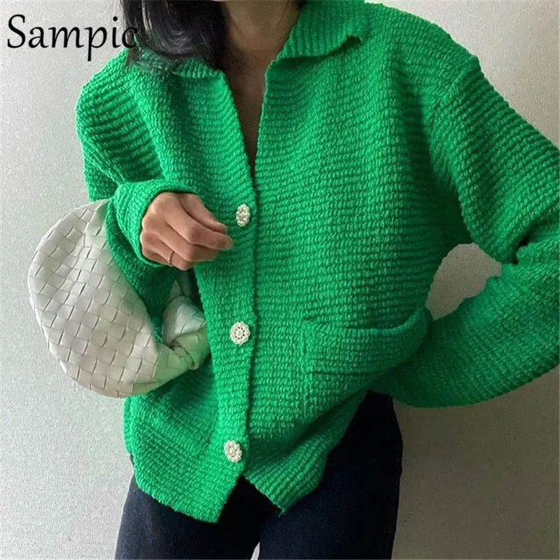 Joskaa Christmas Gift Sampci Cardigans Women Knitted Y2K Winter Tops Long Sleeve Loose Green Single Breasted Sweater Cardigans Chic Fashion Knitwear