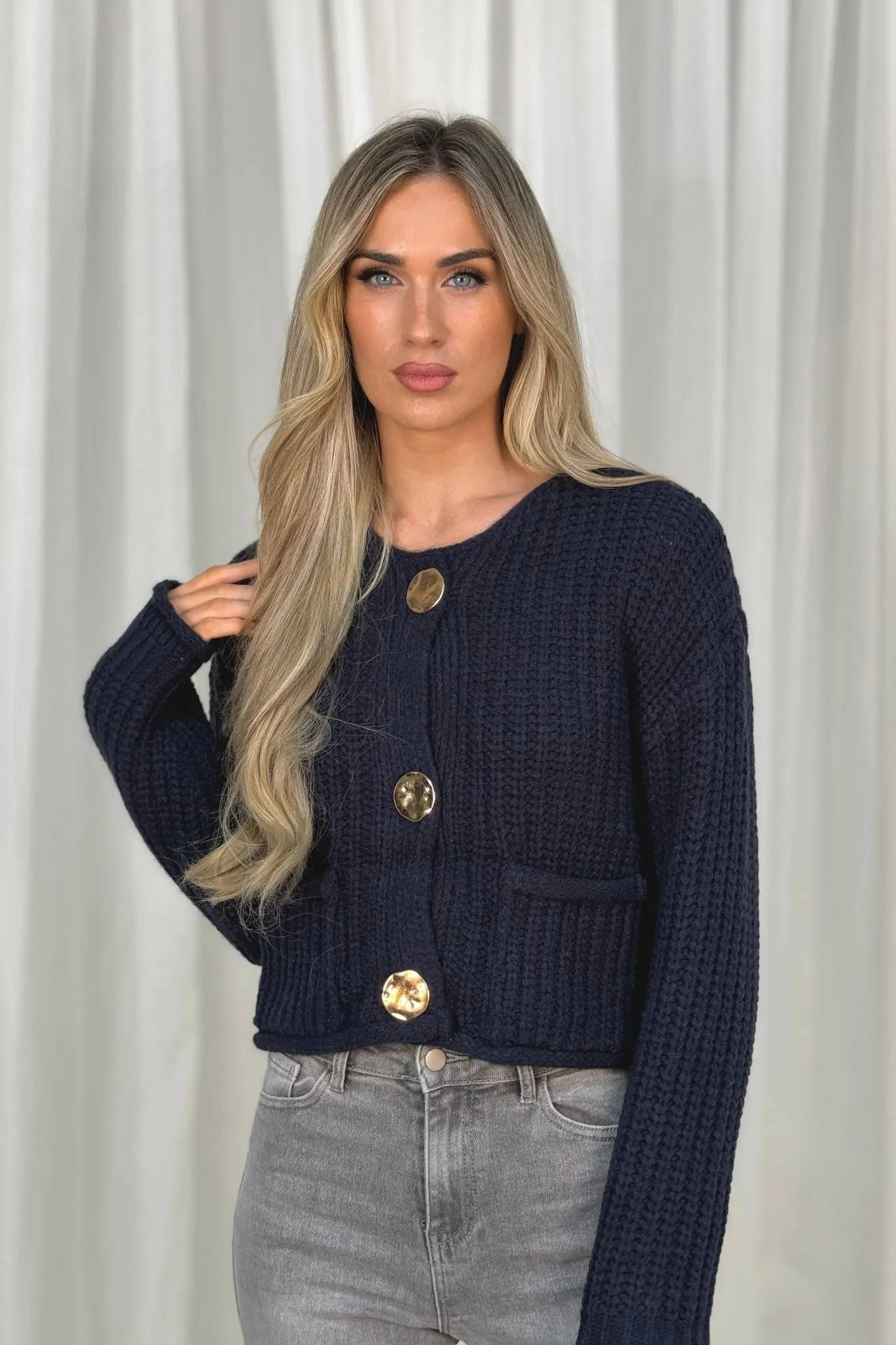 Kendra Chunky Ribbed Cardigan In Navy