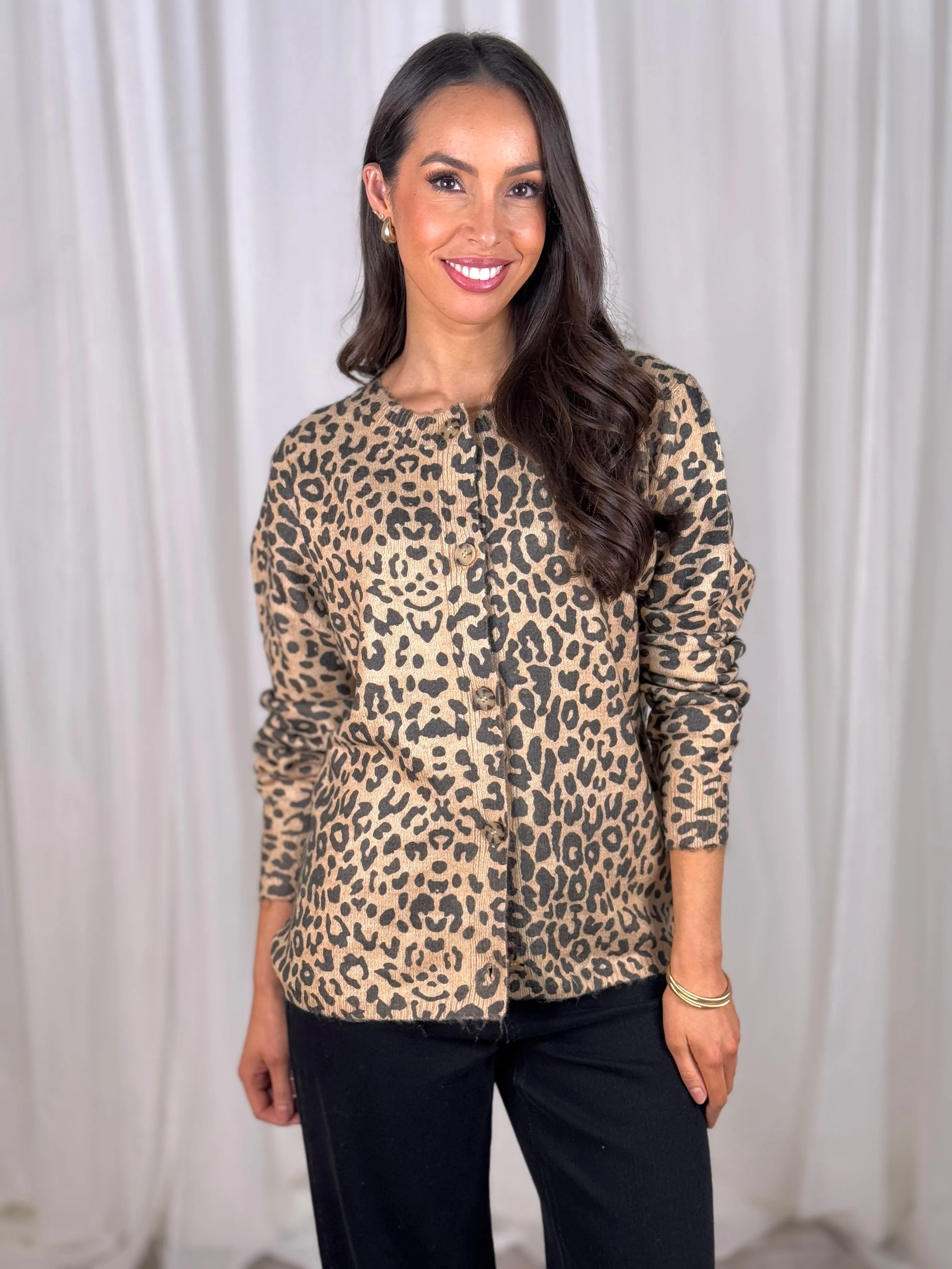 Kendra Leopard Print Cardigan In Camel