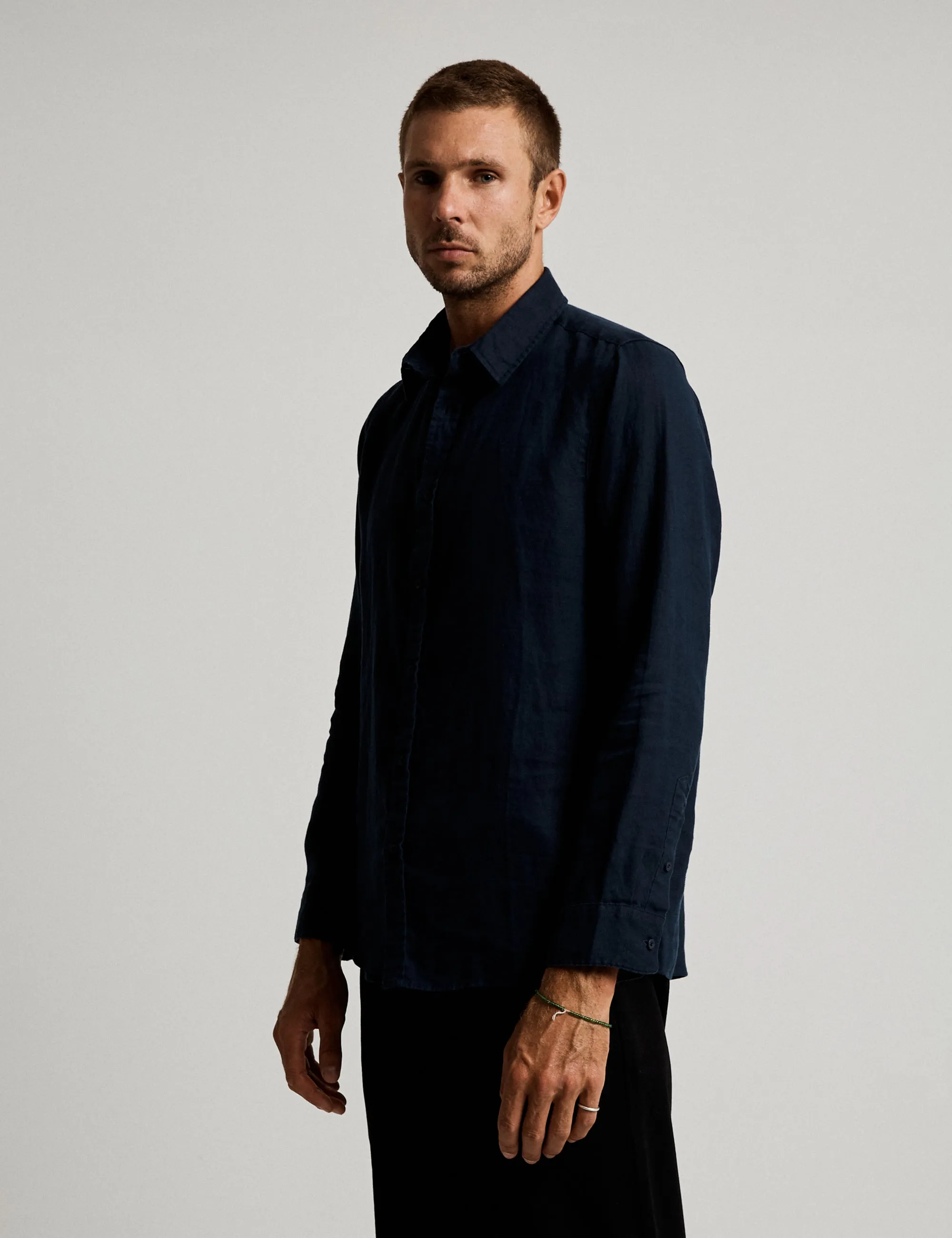 Linen Long Sleeve Shirt - Navy