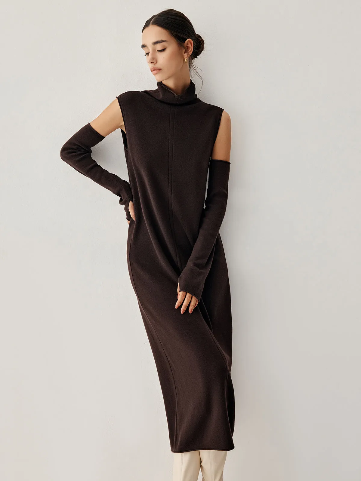 Mock Neck Long Trendy Sweater Dress With Gloves