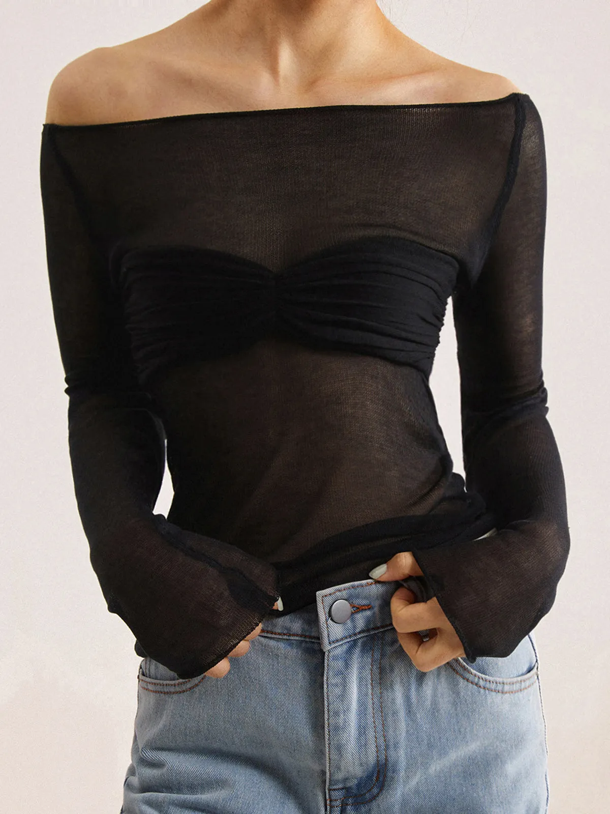 Nostalgia Off-Shoulder Mesh Trendy Long Sleeve Shirt