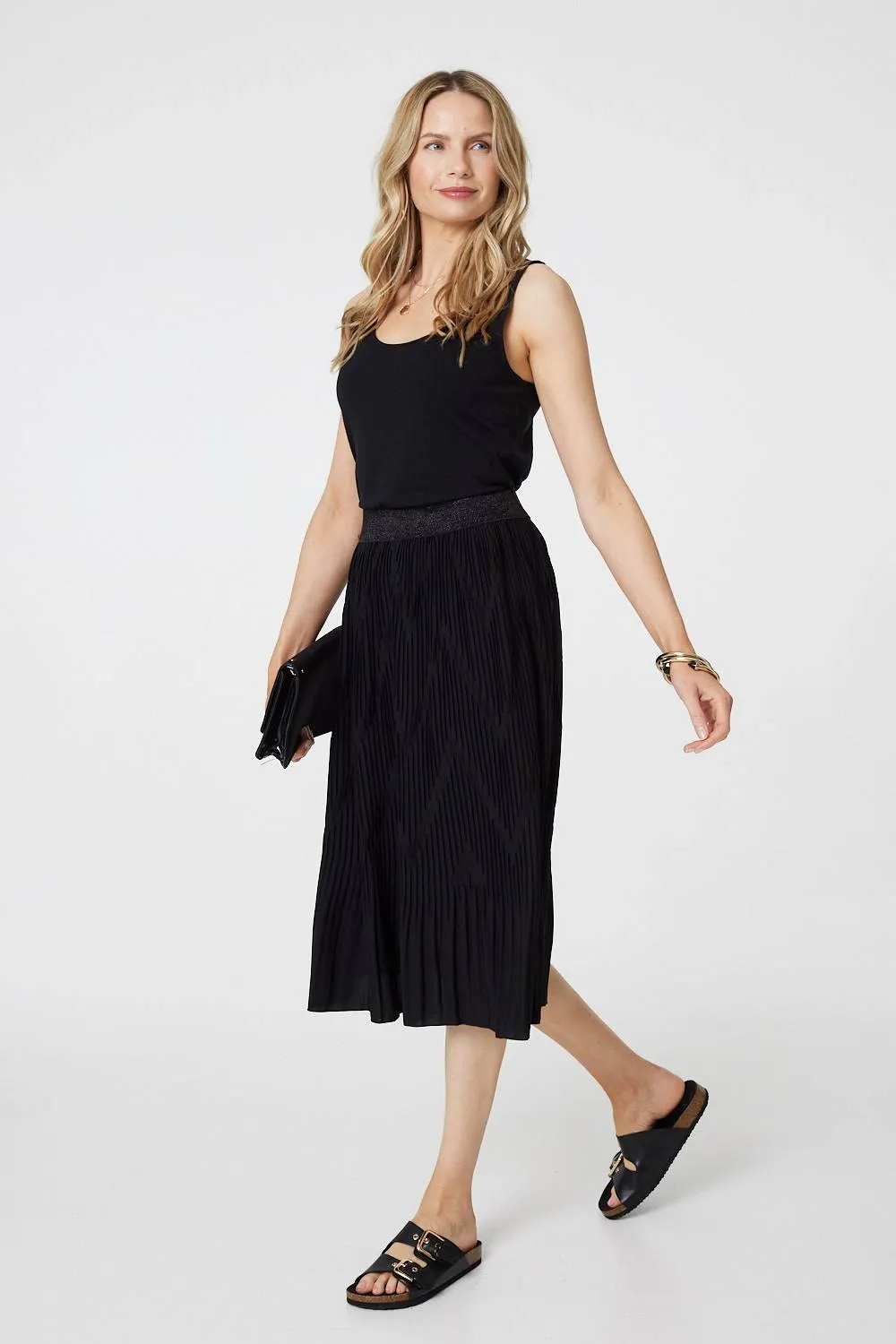 Pleated High Waist A-Line Midi Skirt