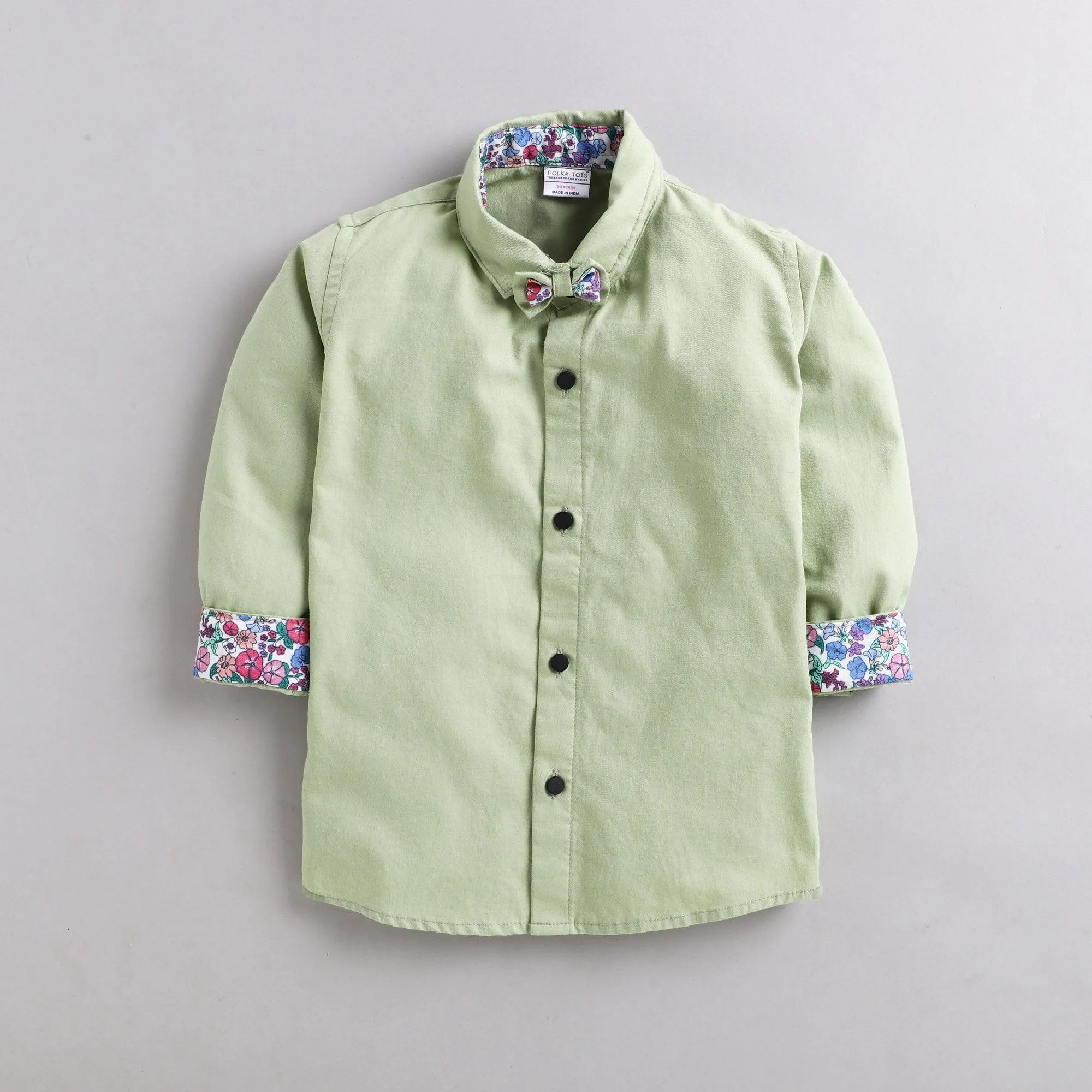 Polka Tots 100% Cotton Full Sleeves Solid Shirt With Bow Tie - Green