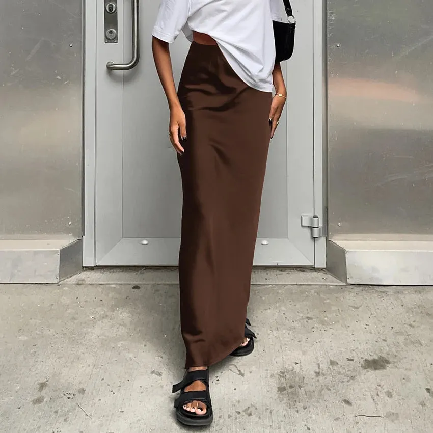 Purpdrank - Elegant Satin Black Trumpet Skirts Autumn Fashion Slim High Waist Skirts Women Female 2023 Solid Office Long Skirt Summer