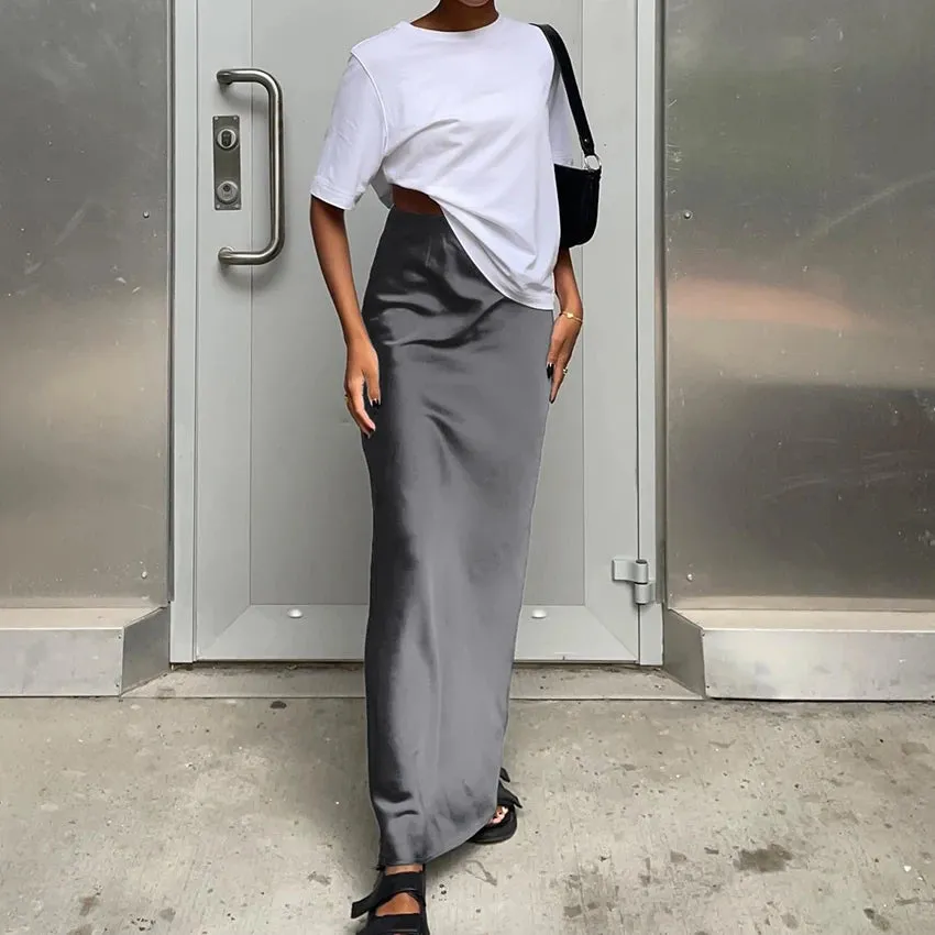 Purpdrank - Elegant Satin Black Trumpet Skirts Autumn Fashion Slim High Waist Skirts Women Female 2023 Solid Office Long Skirt Summer