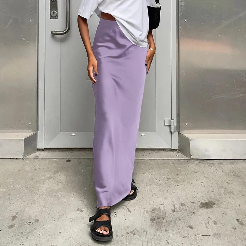 Purpdrank - Elegant Satin Black Trumpet Skirts Autumn Fashion Slim High Waist Skirts Women Female 2023 Solid Office Long Skirt Summer