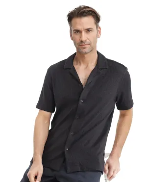 Rare Rabbit Men Abuj Black Cotton Cuban Poly Fabric Short Sleeve Boxy Fit Solid Shirt