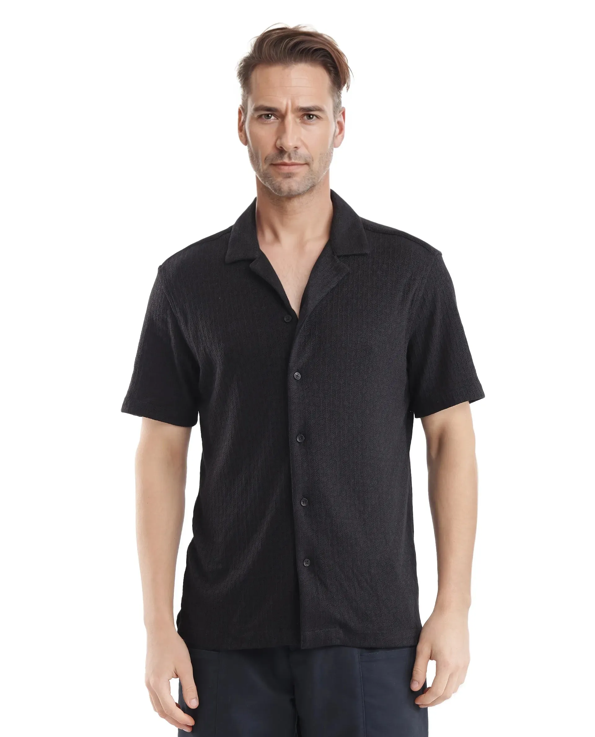 Rare Rabbit Men Abuj Black Cotton Cuban Poly Fabric Short Sleeve Boxy Fit Solid Shirt