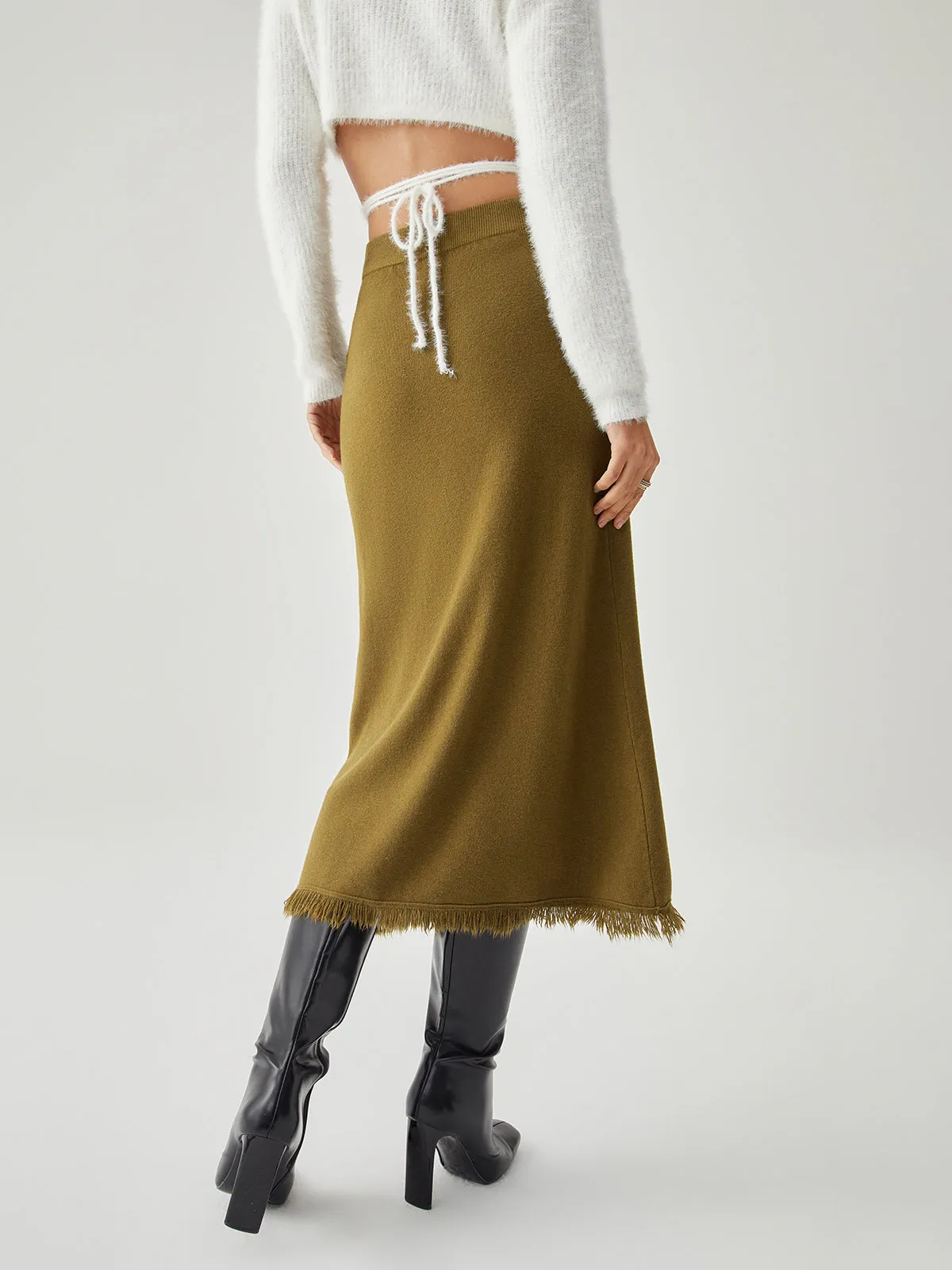 Raw Hem High Trendy Waist Midi Knit Skirt