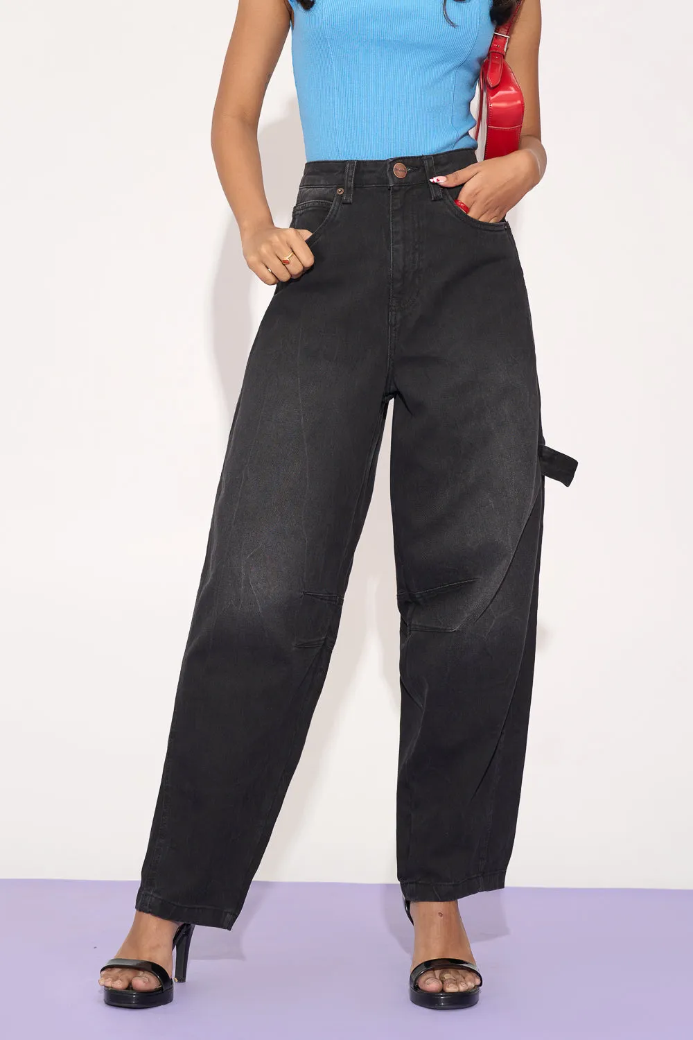 Retro Black Twisted Barrel Leg Jeans