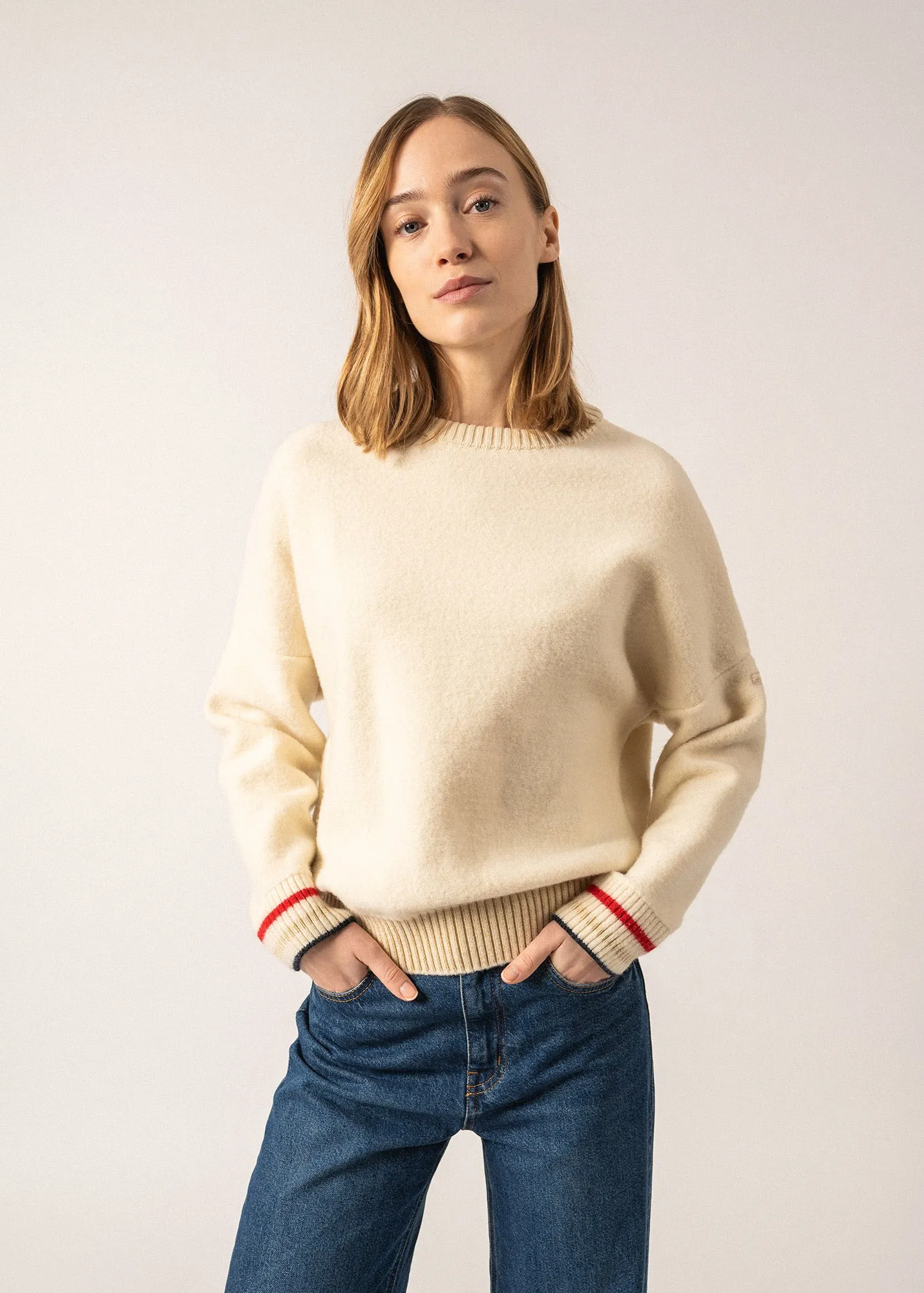 Sélune Sweatshirt-inspired Jumper - in wool, with lurex details (ECRU)