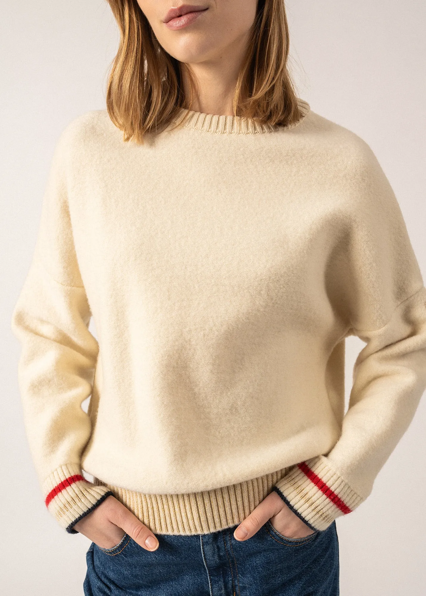 Sélune Sweatshirt-inspired Jumper - in wool, with lurex details (ECRU)