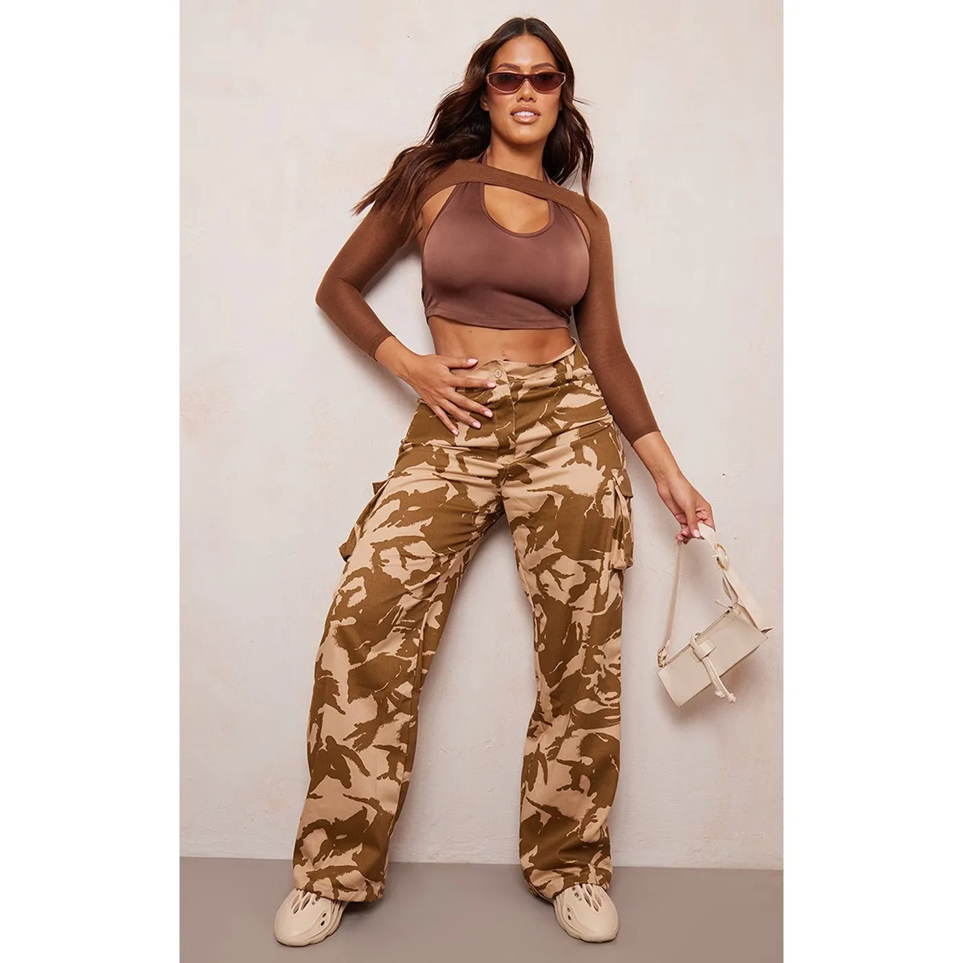 Stone Camo Wide Leg Cargo Trousers