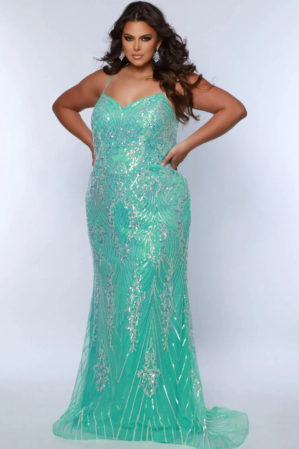 Sydneys Closet SC7366 Long Prom Dress Fitted  Plus Size Sequin Train Formal Gown Pageant