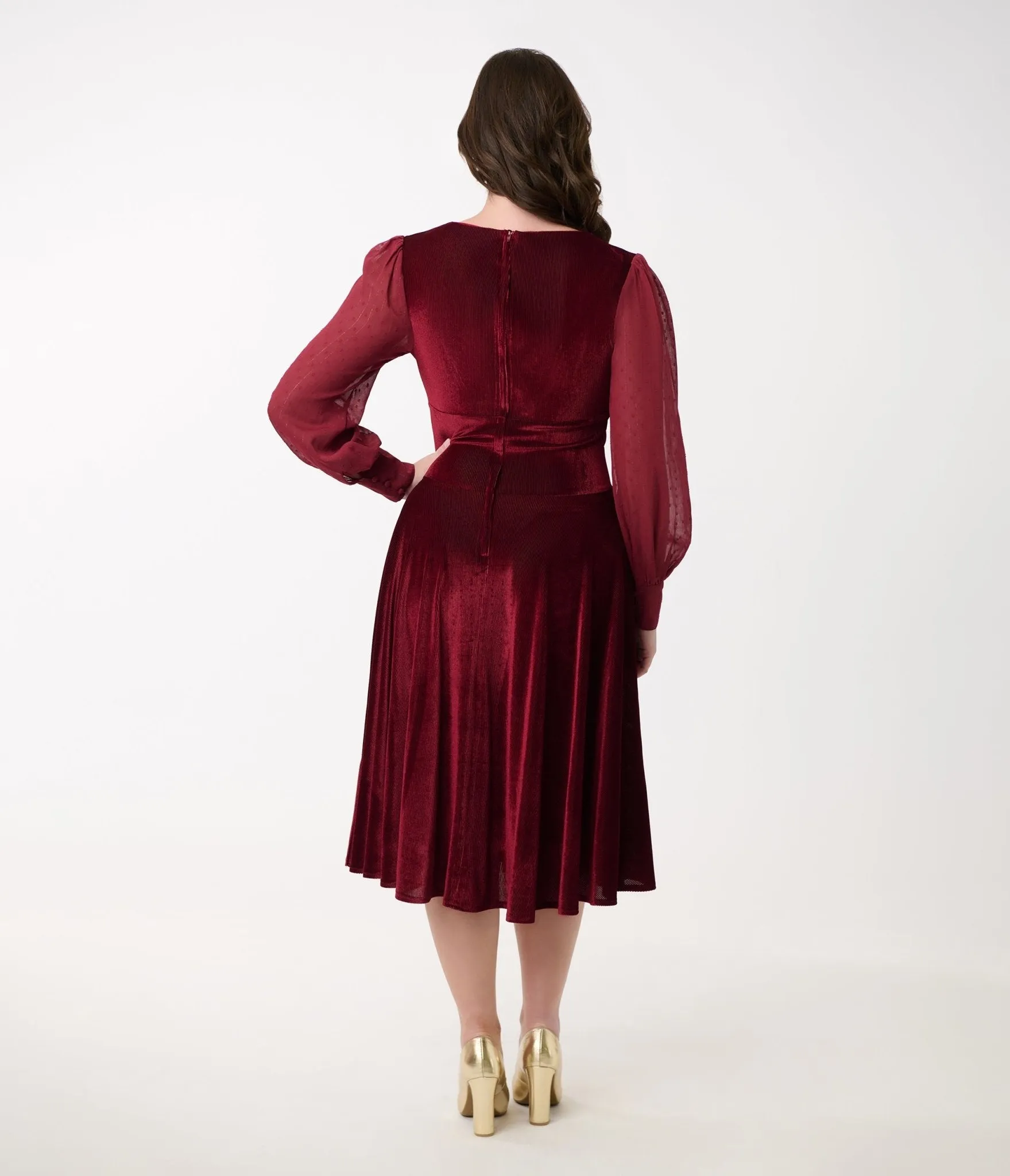 Unique Vintage 1950s Berry Velvet Sheer Sleeve Delores Swing Dress