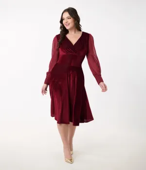 Unique Vintage 1950s Berry Velvet Sheer Sleeve Delores Swing Dress