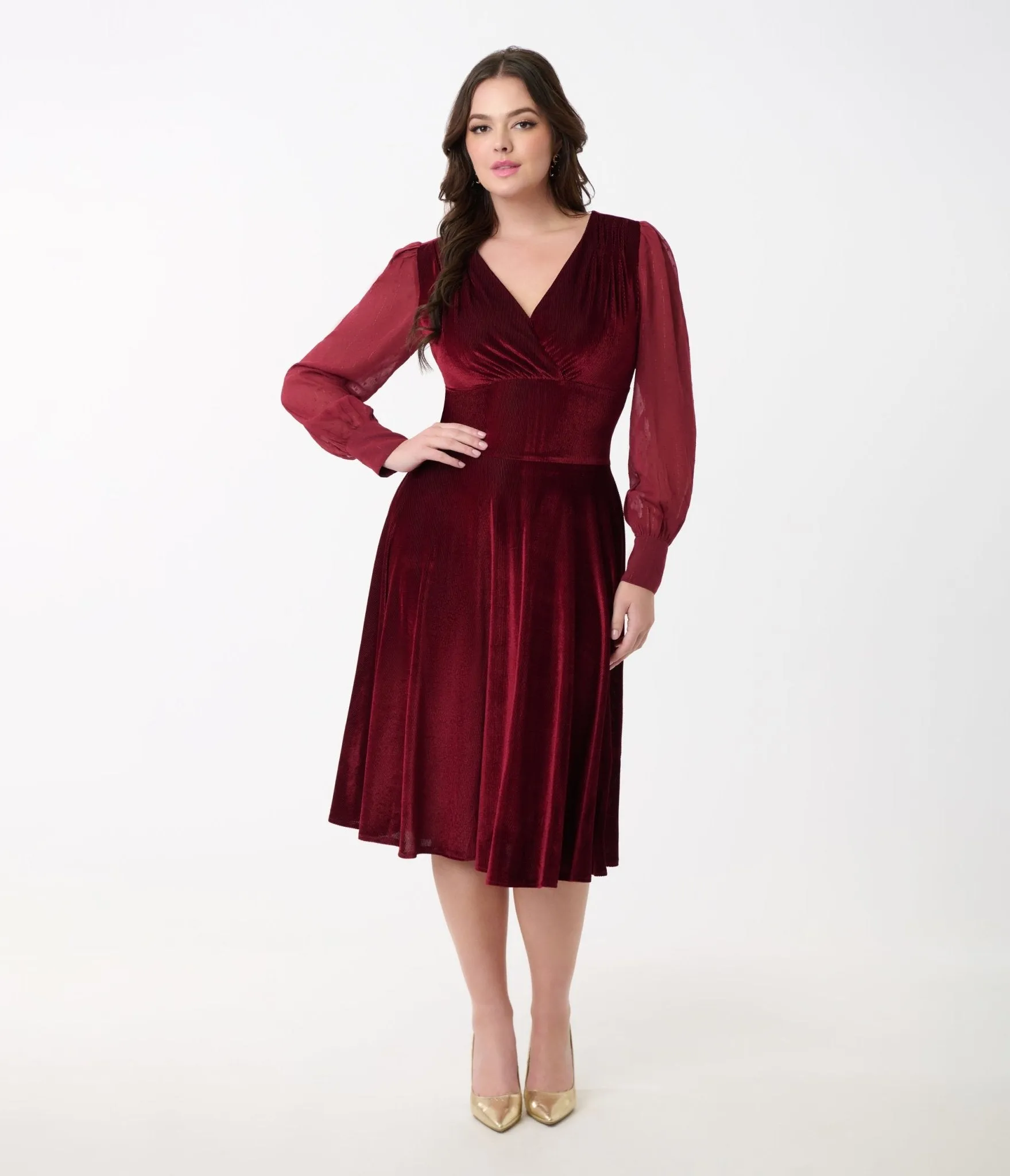 Unique Vintage 1950s Berry Velvet Sheer Sleeve Delores Swing Dress