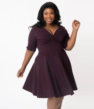 Unique Vintage Plus Size 1950s Dark Purple Delores Fit & Flare Dress