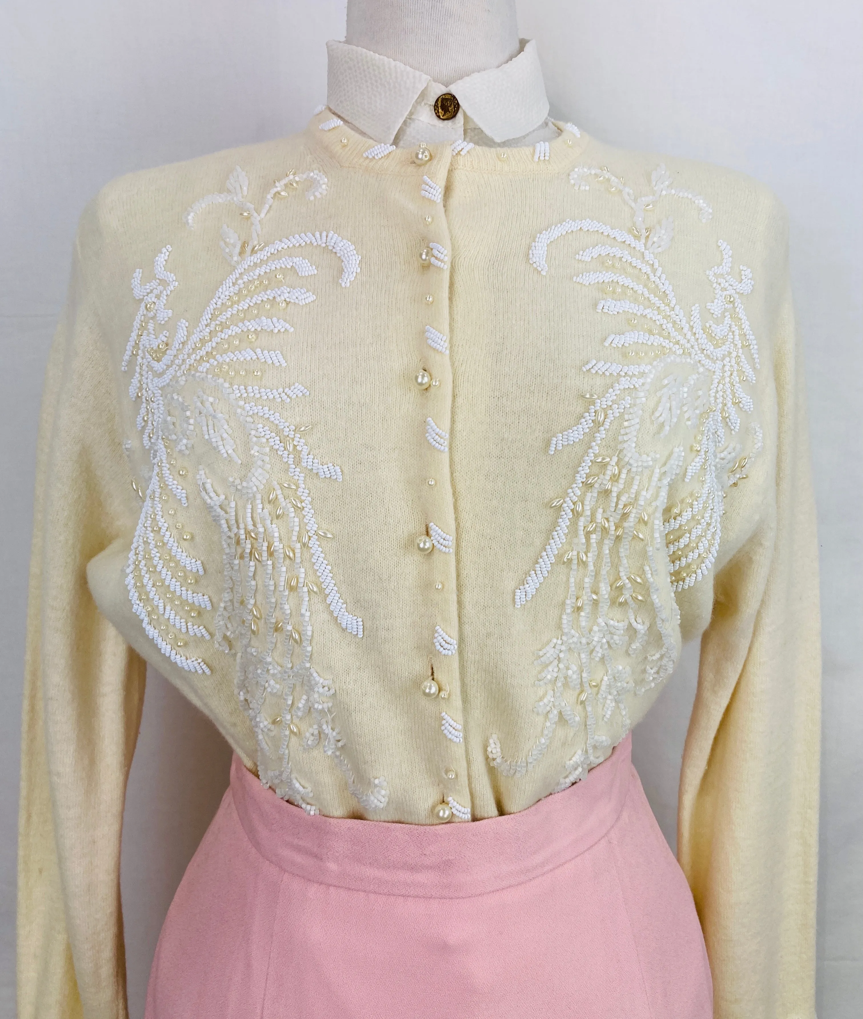 Vintage 1960s Cream Beaded Wool Cardigan, Large