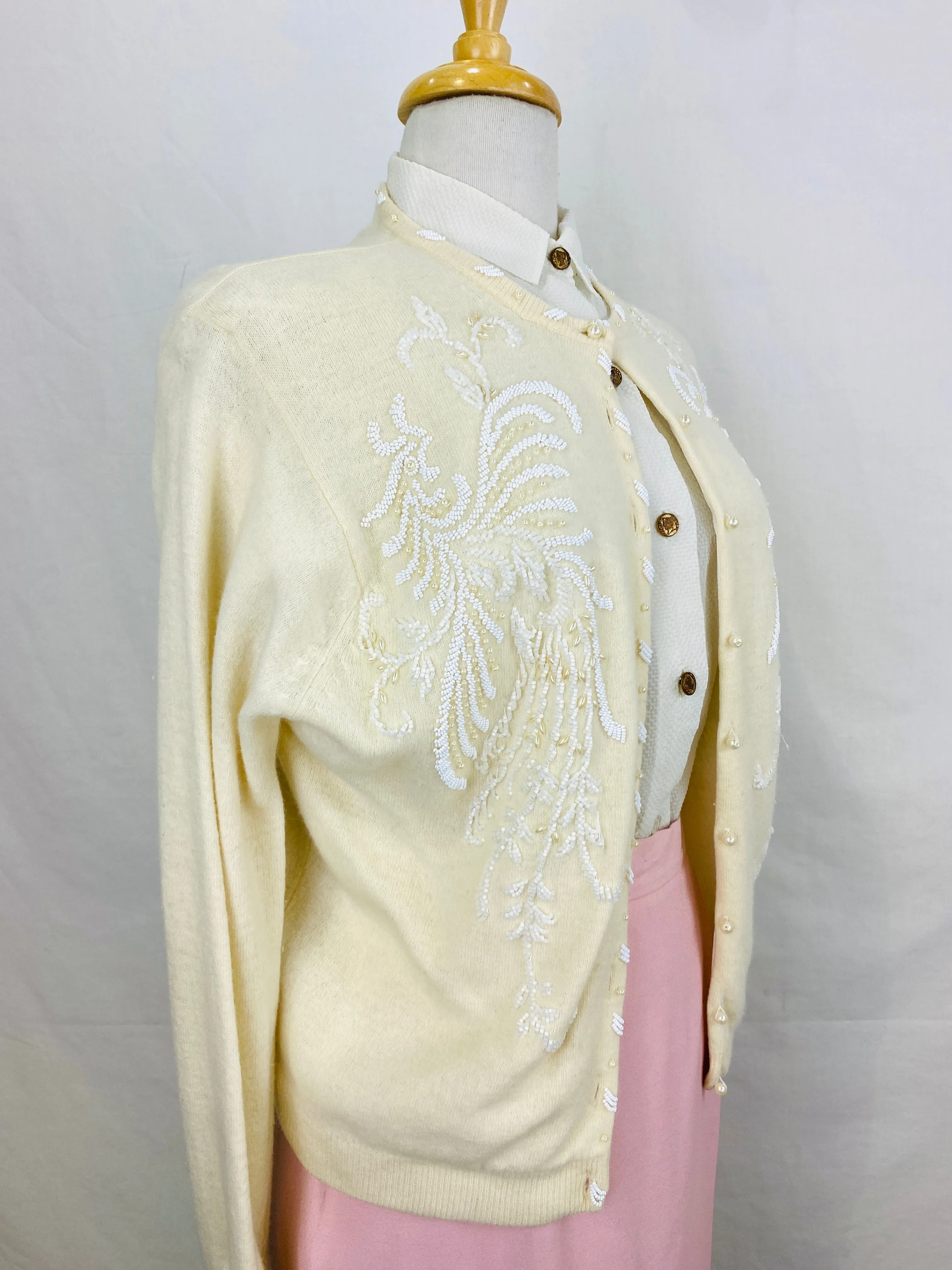 Vintage 1960s Cream Beaded Wool Cardigan, Large