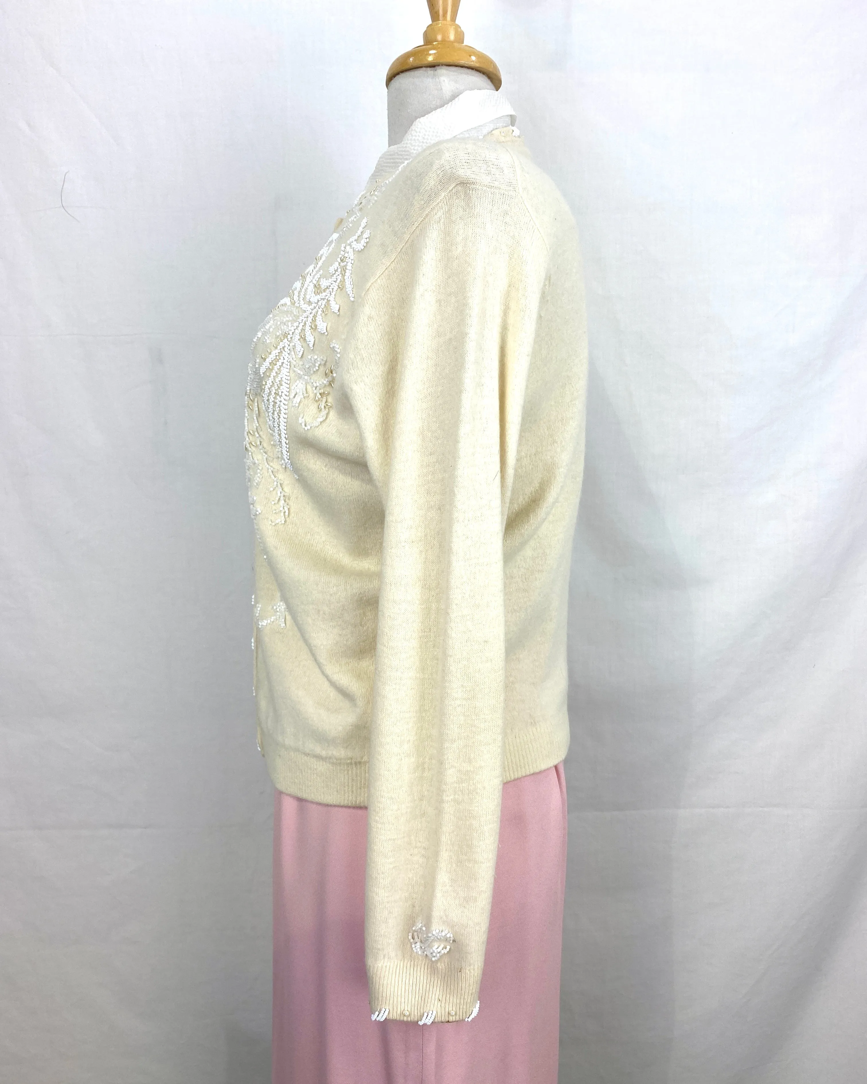 Vintage 1960s Cream Beaded Wool Cardigan, Large