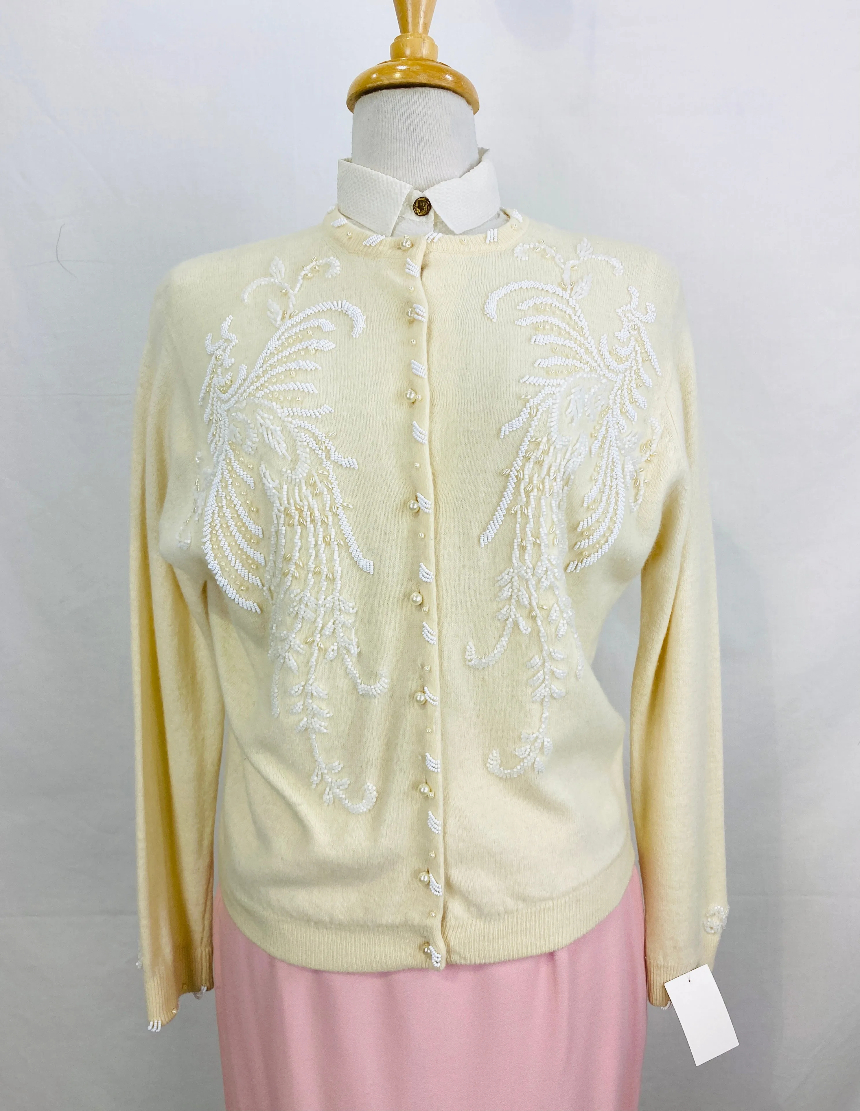 Vintage 1960s Cream Beaded Wool Cardigan, Large