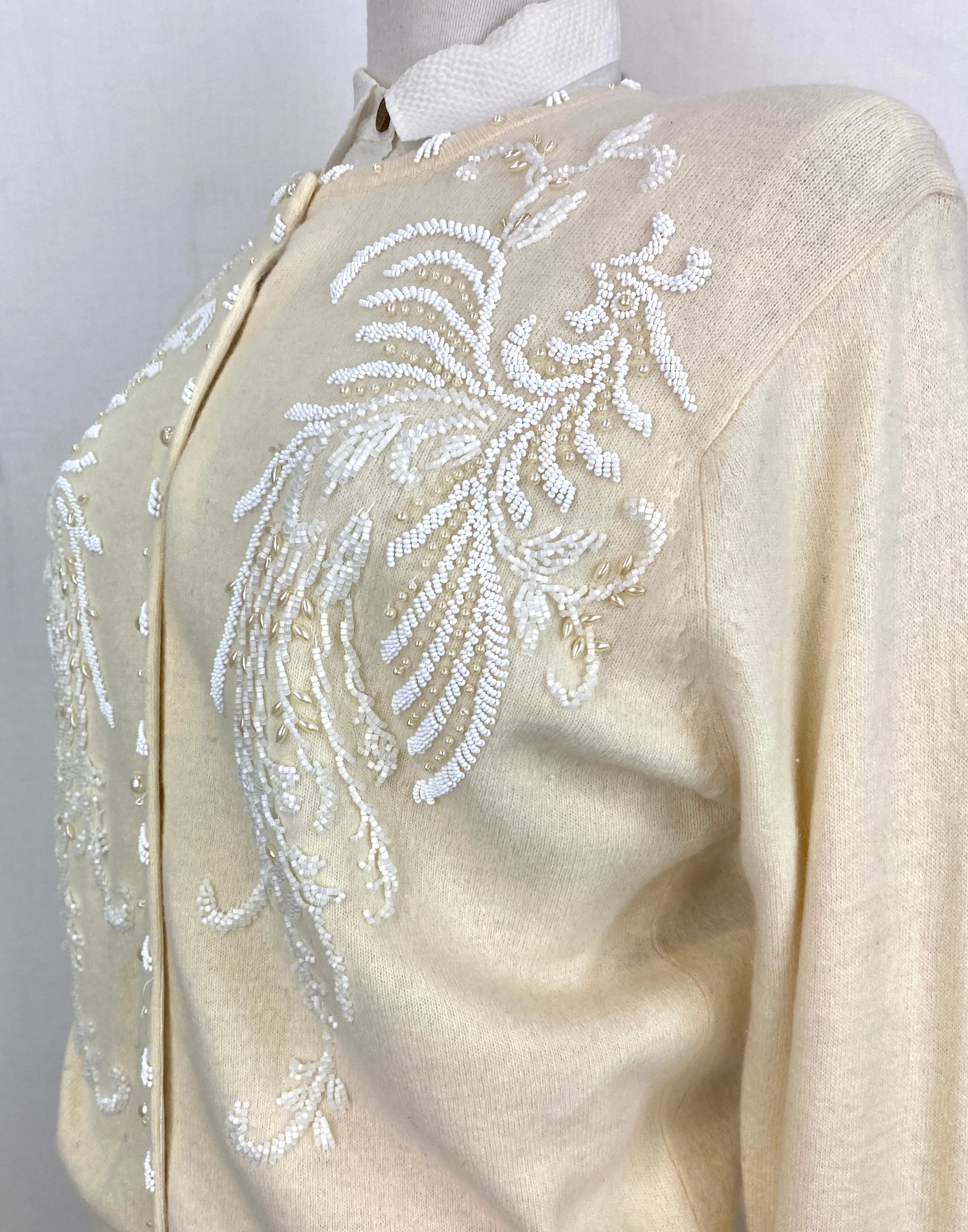 Vintage 1960s Cream Beaded Wool Cardigan, Large