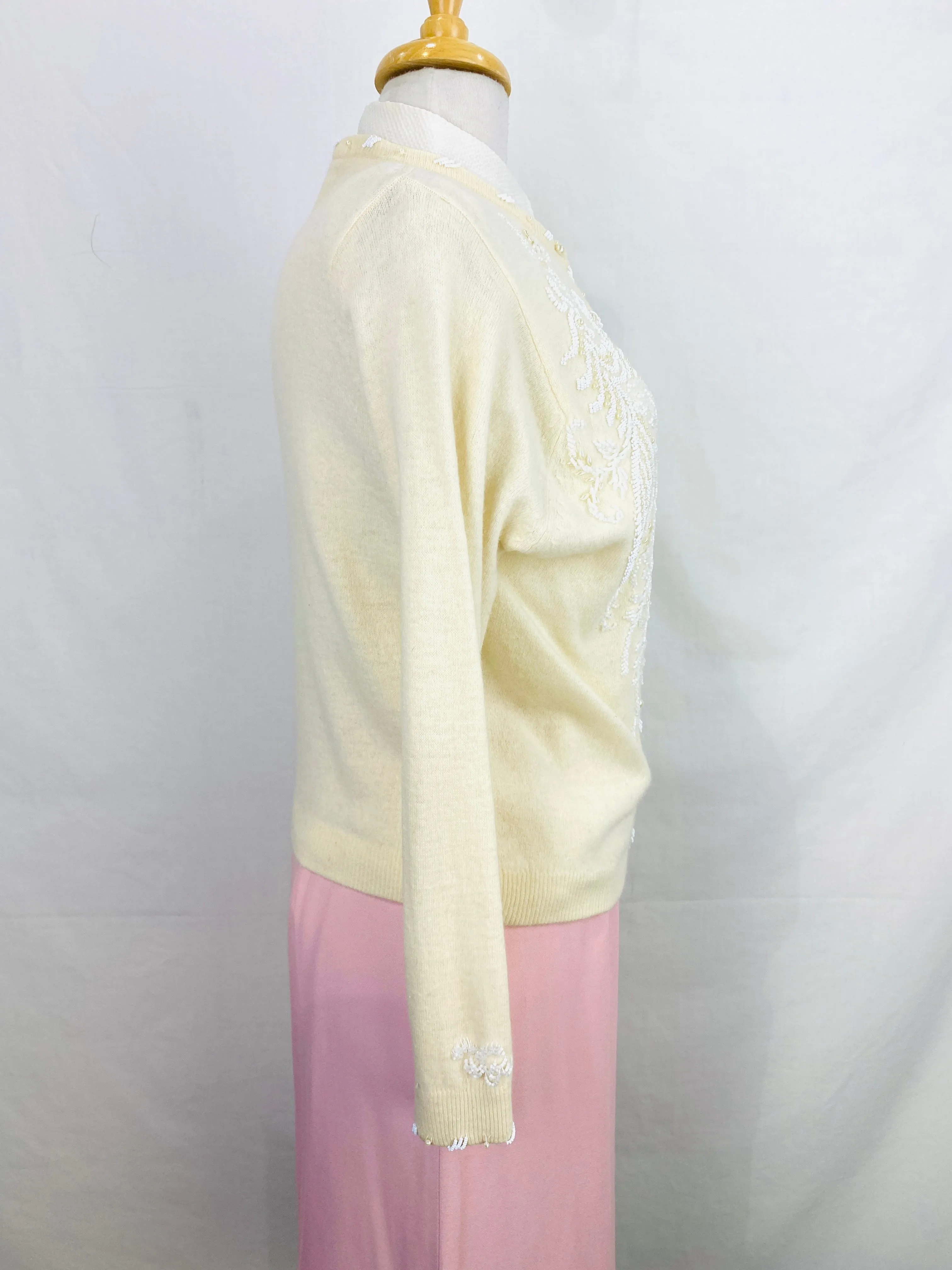 Vintage 1960s Cream Beaded Wool Cardigan, Large