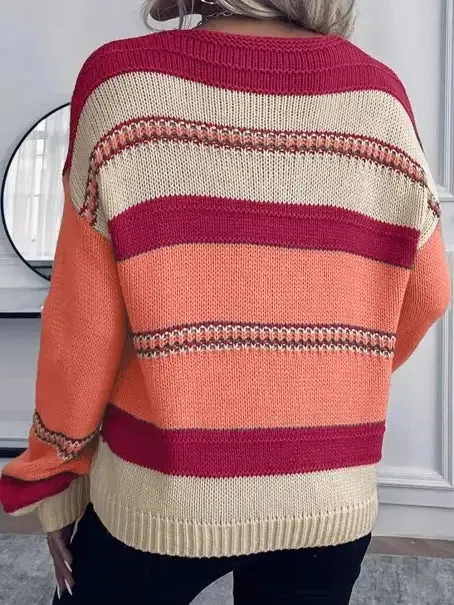 Women's Striped V-Neck Knit Sweater in Pink